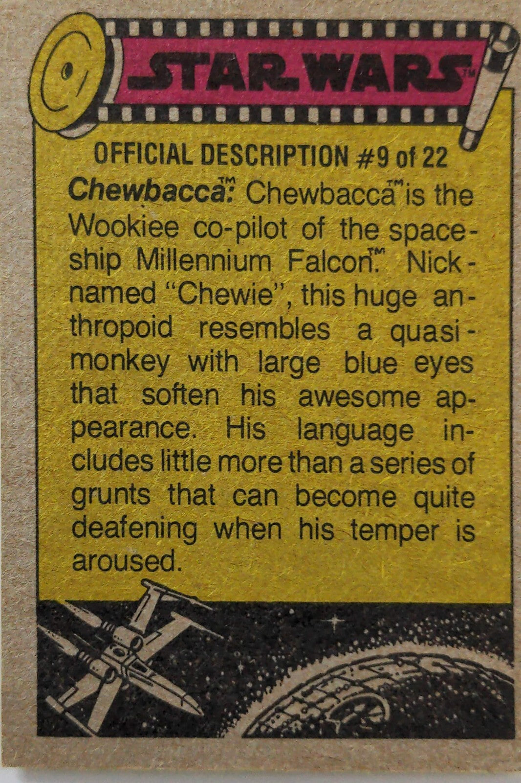 1977 Topps Star Wars yellow card Series 3 official Chewbacca description with spaceship and planet illustration