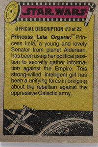 1977 Topps Star Wars yellow Series 3 trading card official description Princess Leia Organa #3 of 22