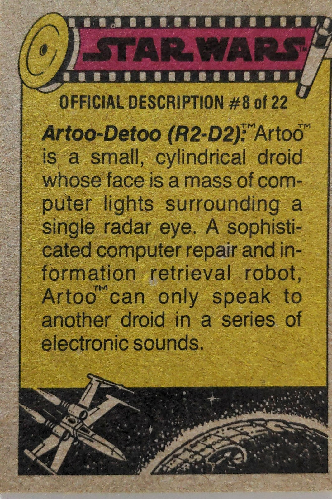 1977 Topps Star Wars trading card series 3 yellow back with Artoo-Detoo R2-D2 character description