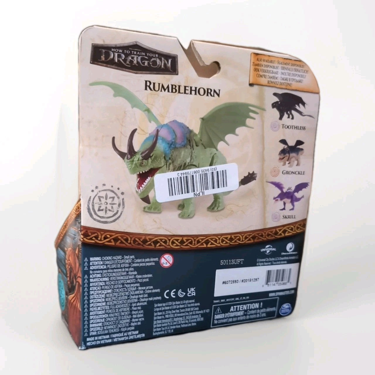 Spin Master 2025 How to Train Your Dragon Rumblehorn movie action figure collectible toy packaging back view.