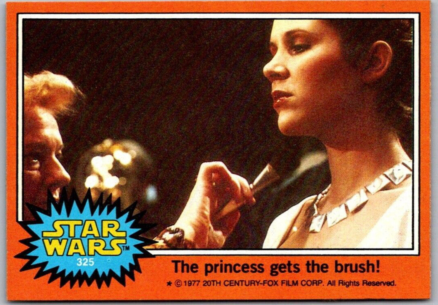 1977 Topps Star Wars Orange Series 4 trading card featuring Princess Leia getting makeup brush Go Figment