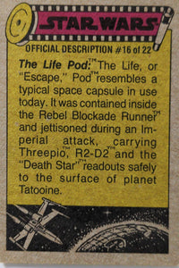 1977 Topps Star Wars trading card yellow background with text about Escape Pod and Rebel Blockade Runner