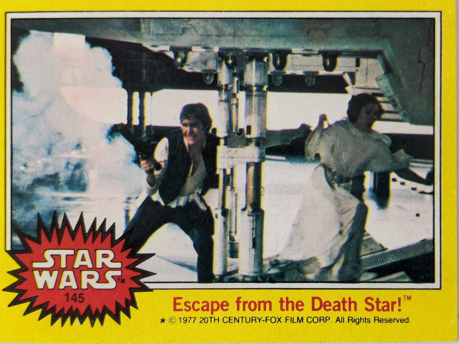 1977 Topps Star Wars trading card featuring Han Solo and Princess Leia Escape from the Death Star scene
