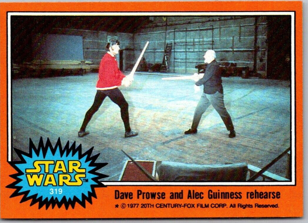 1977 TOPPS STAR WARS orange Series 4 card showing Dave Prowse and Alec Guinness rehearsing lightsaber fight Go Figment