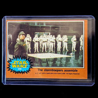 1977 Go Figment TOPPS Star Wars Orange Series 4 card featuring stormtroopers assemble scene in protective sleeve