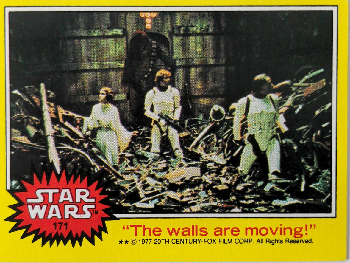 1977 Topps Star Wars trading card Series 3 yellow border with scene from Death Star corridor and characters