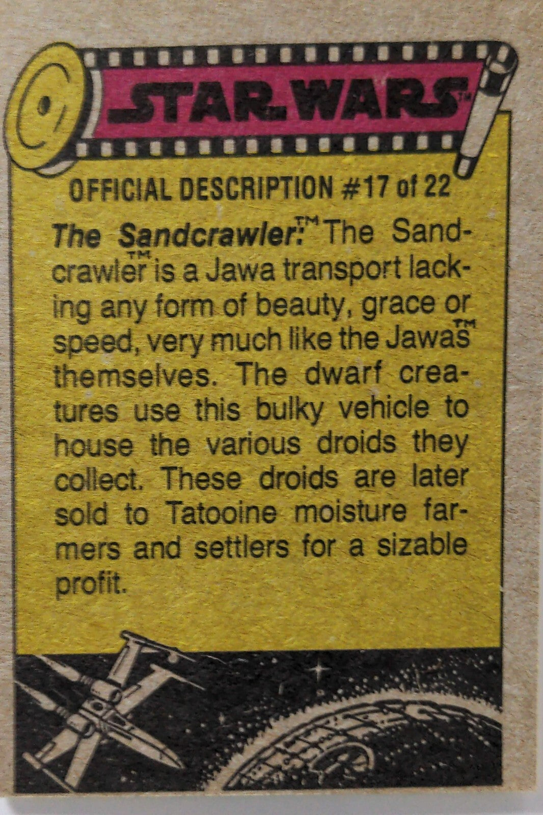 1977 Topps Star Wars yellow Series 3 trading card back with Sandcrawler official description and artwork