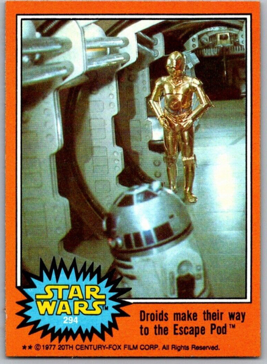 1977 TOPPS STAR WARS trading card 294 featuring droids R2-D2 and C-3PO in escape pod scene by Go Figment