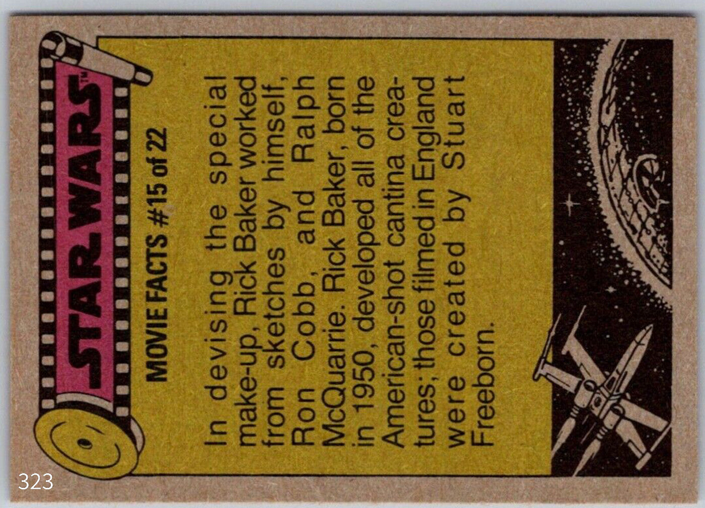 Go Figment 1977 TOPPS STAR WARS orange Series 4 trading card Movie Fact #15 about Rick Baker makeup artist