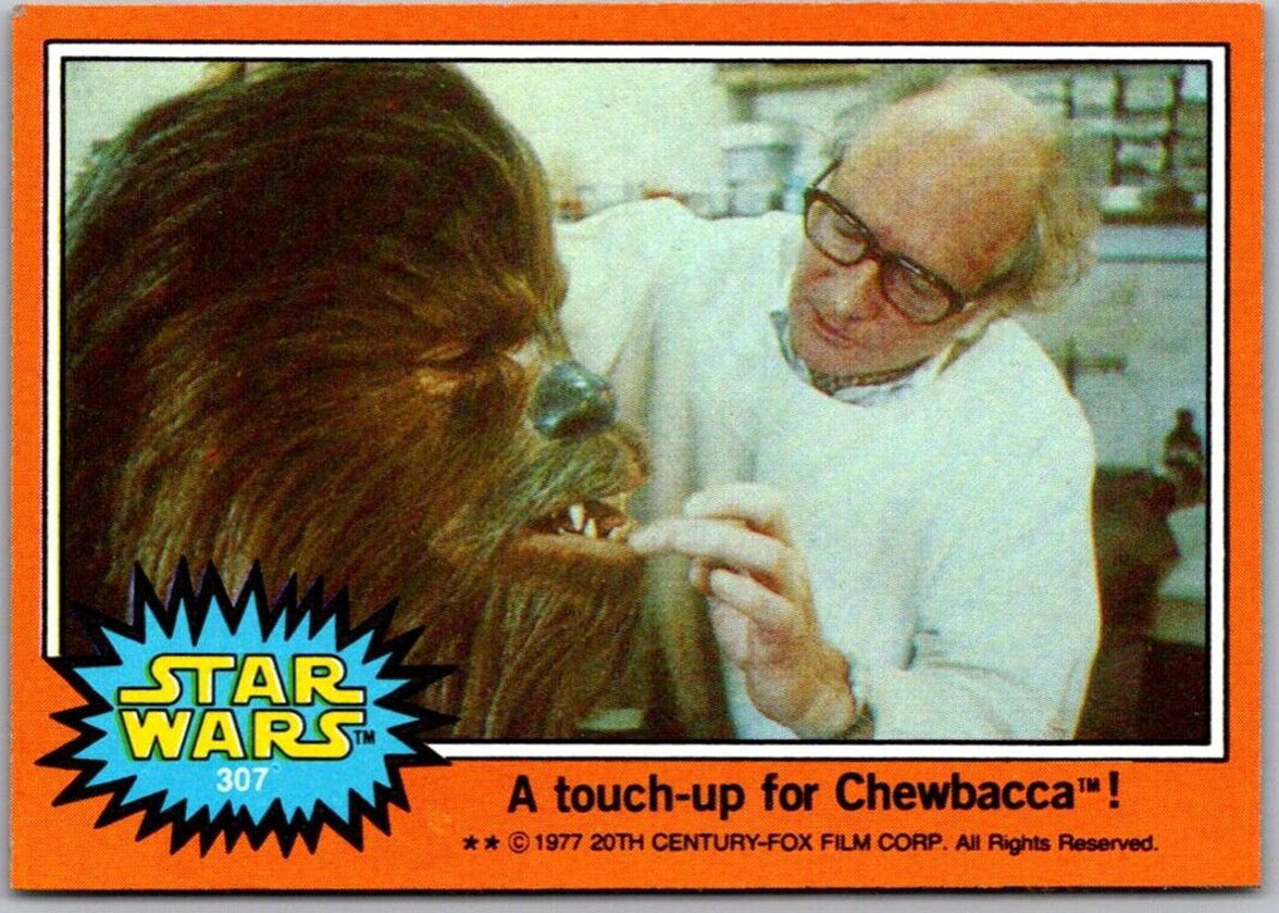 1977 TOPPS STAR WARS Orange Series 4 card 307 showing Chewbacca makeup touch-up by technician from Go Figment