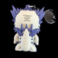Back view of a purple and white Monogram Godzilla-Kong New Empire 3D foam bag clip keychain with details on the tag