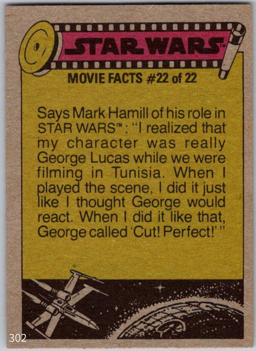 1977 Topps Star Wars Movie Facts card 22 of 22 with Mark Hamill quote and X-wing illustration by Go Figment