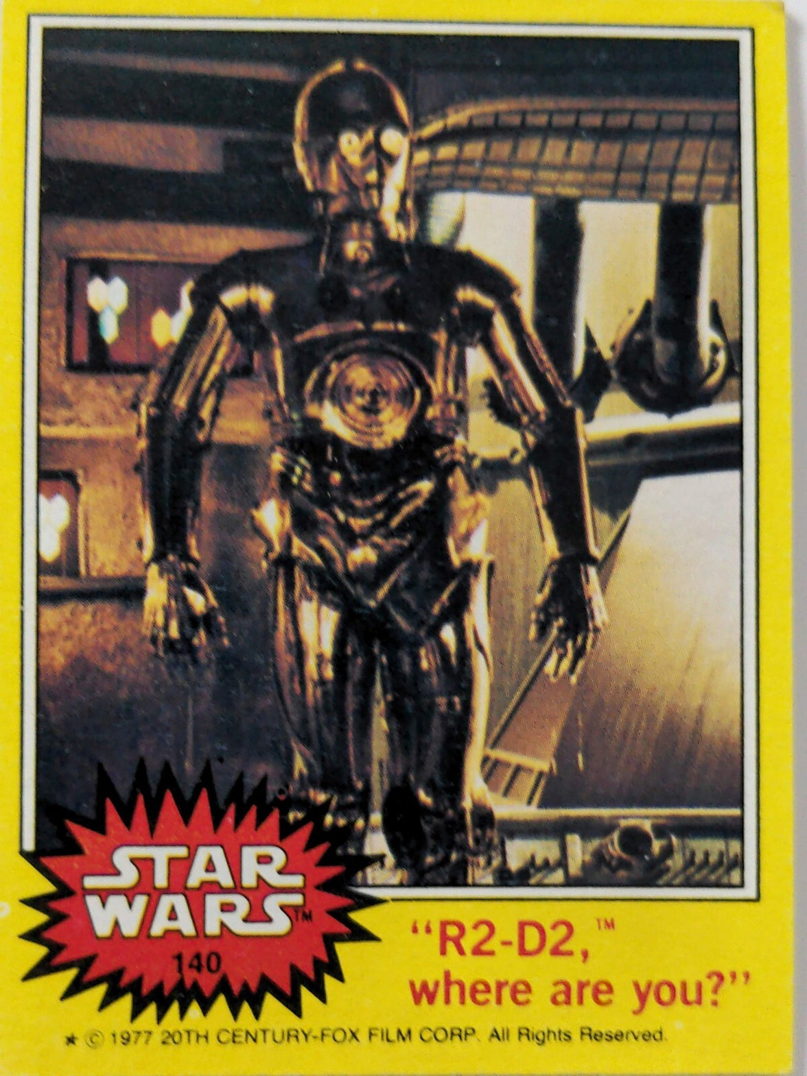 1977 Topps Star Wars yellow Series 3 card featuring droid C-3PO posing in a mechanical setting
