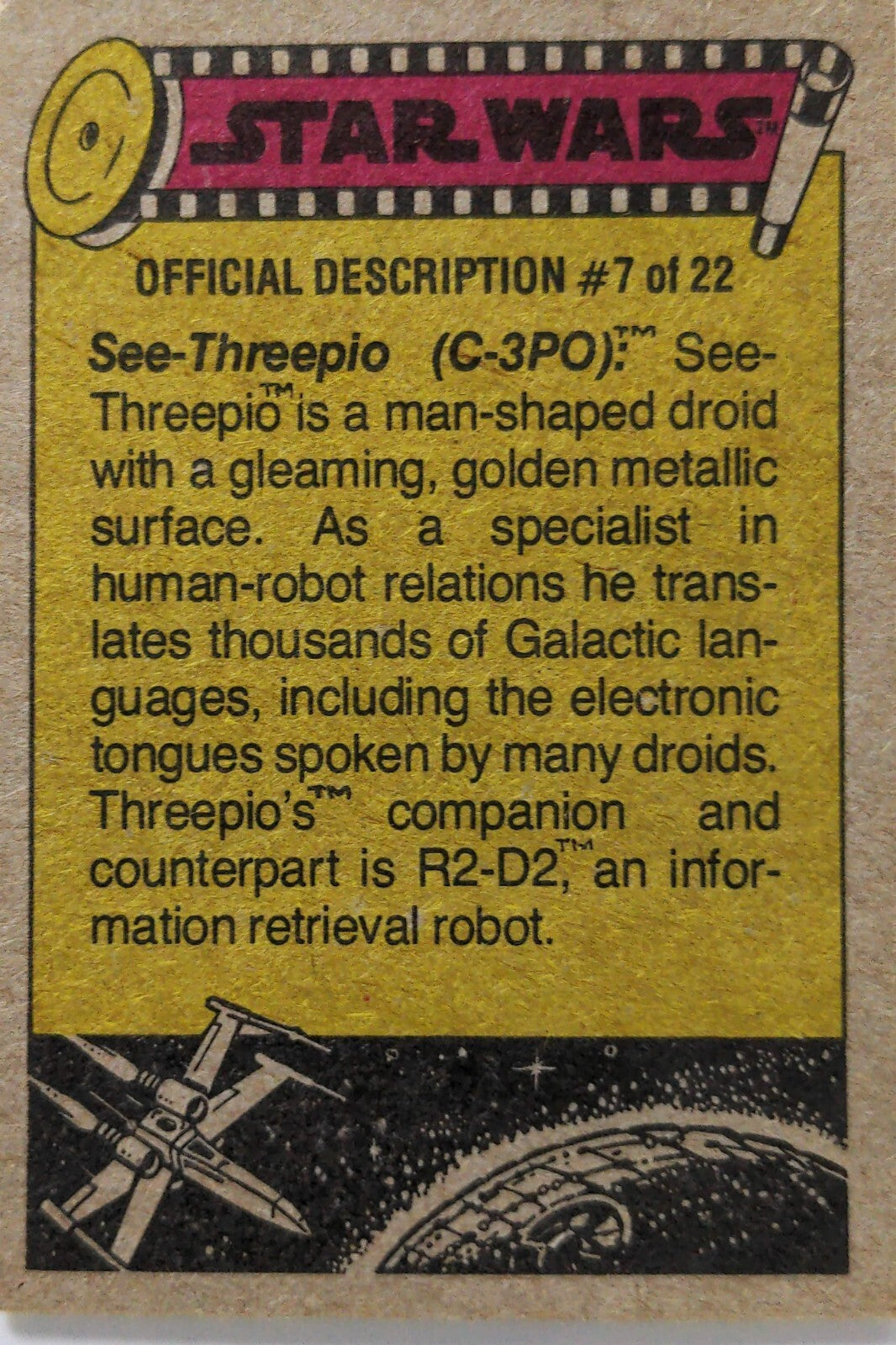 1977 Topps Star Wars Trading Card yellow Series 3 with Threepio C-3PO description text and starship graphic