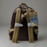 Back of Loungefly mini backpack with adjustable tan straps and One Piece map design tag on brown faux leather