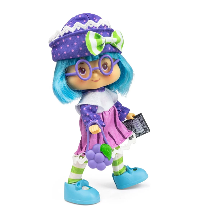 Loyal Subjects Strawberry Shortcake Plum Pudding doll with blue hair, purple hat, glasses, and grape purse standing on white background
