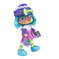 Loyal Subjects Strawberry Shortcake Plum Pudding doll with blue hair, purple hat, glasses, and grape purse standing on white background