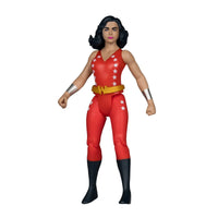 Wonder Woman action figure wearing a red costume with white stars, gold belt, silver cuffs, and black boots