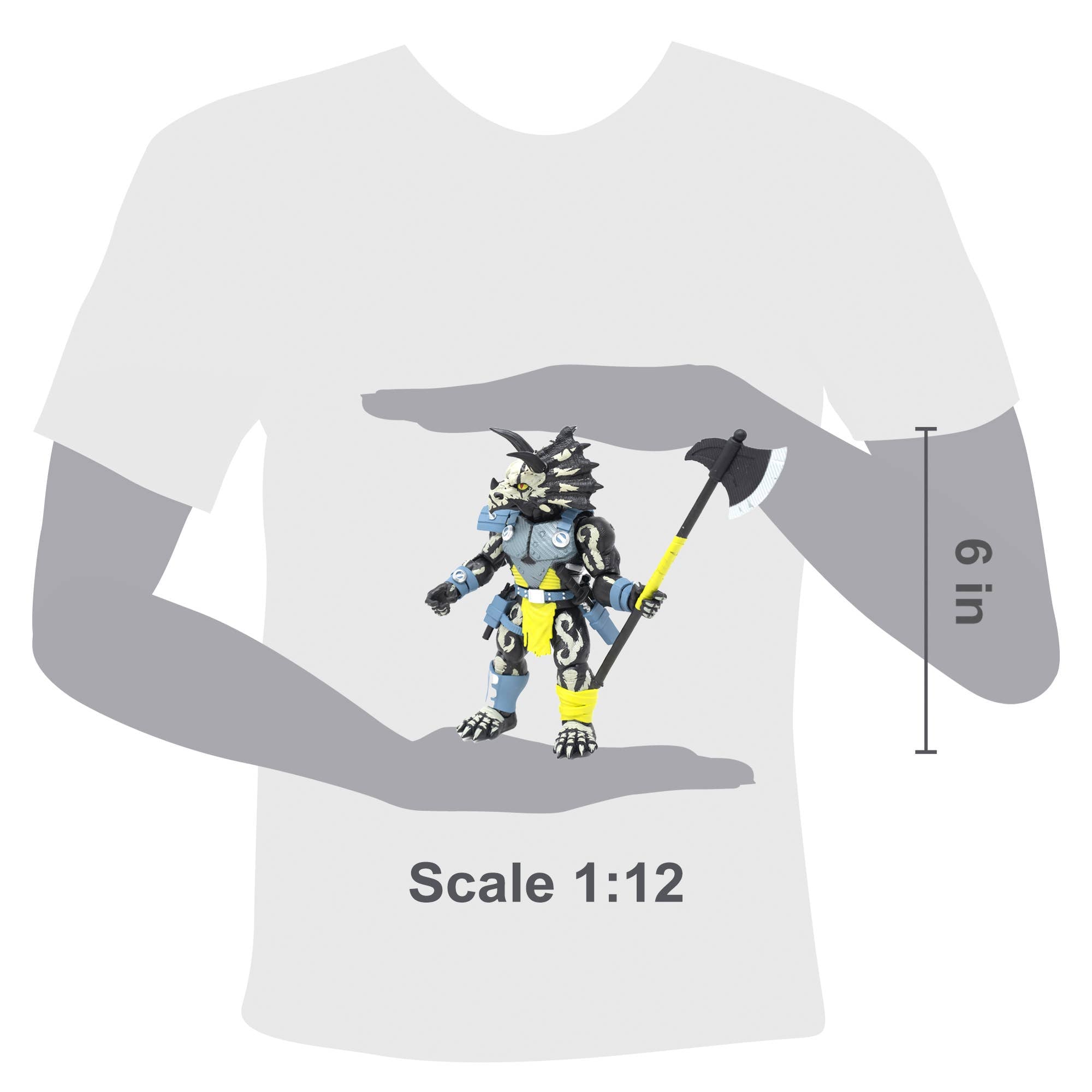 Triax Skiver Night Lands Edition action figure, a 1/12 scale Styracosaurus-inspired warrior in glow-in-the-dark green and black camo. Part of the Saurozoic Warriors collection, featuring a halberd axe, blaster pistols, and smoke grenades.
