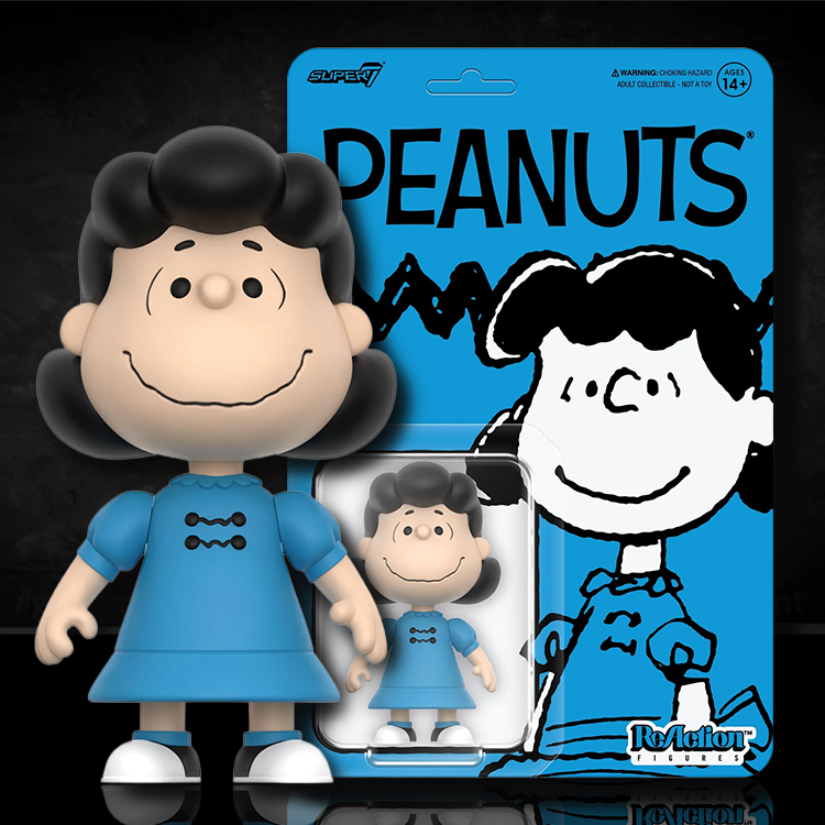Lucy Van Pelt Peanuts Super7 ReAction 3.75 inch articulated figure with blue dress and black hair packaging