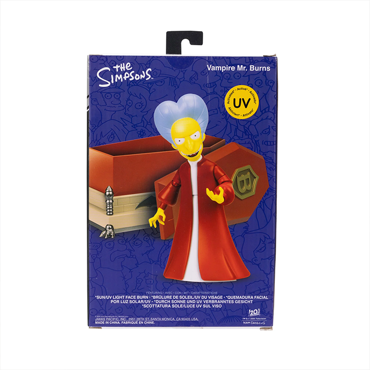 Jakks Pacific Vampire Mr. Burns 5-inch action figure in red cloak with coffin background packaging from The Simpsons