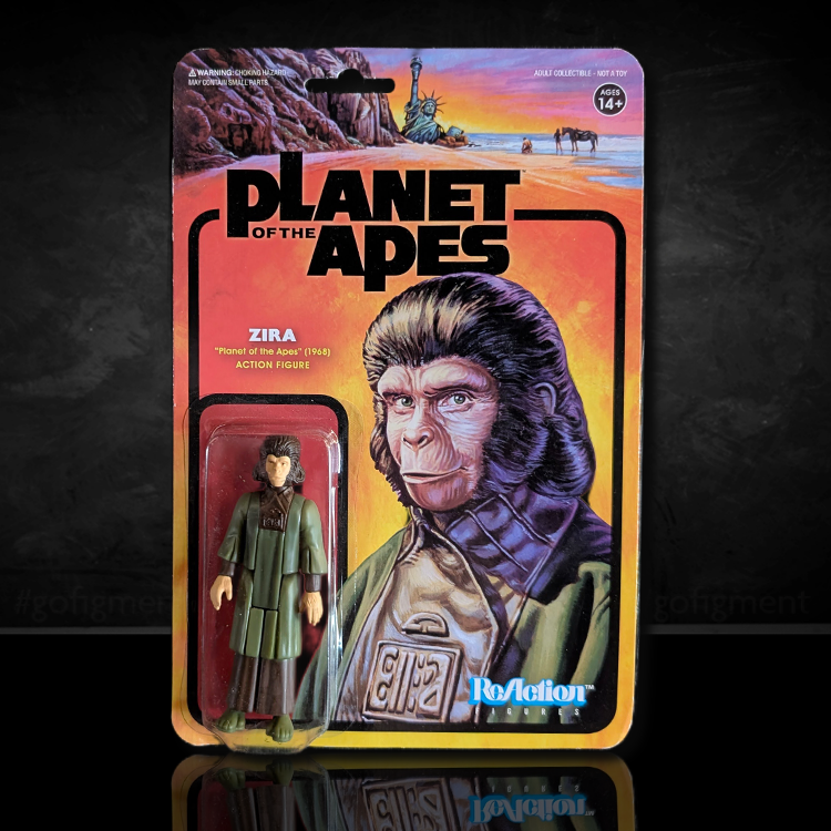 Planet of the Apes Zira ReAction figure in original Super7 packaging with character art and logo background