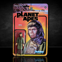 Planet of the Apes Zira ReAction figure in original Super7 packaging with character art and logo background