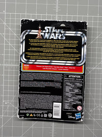 Back of Star Wars collectible packaging with multilingual text, warning labels, barcode, and Disney and Hasbro logos