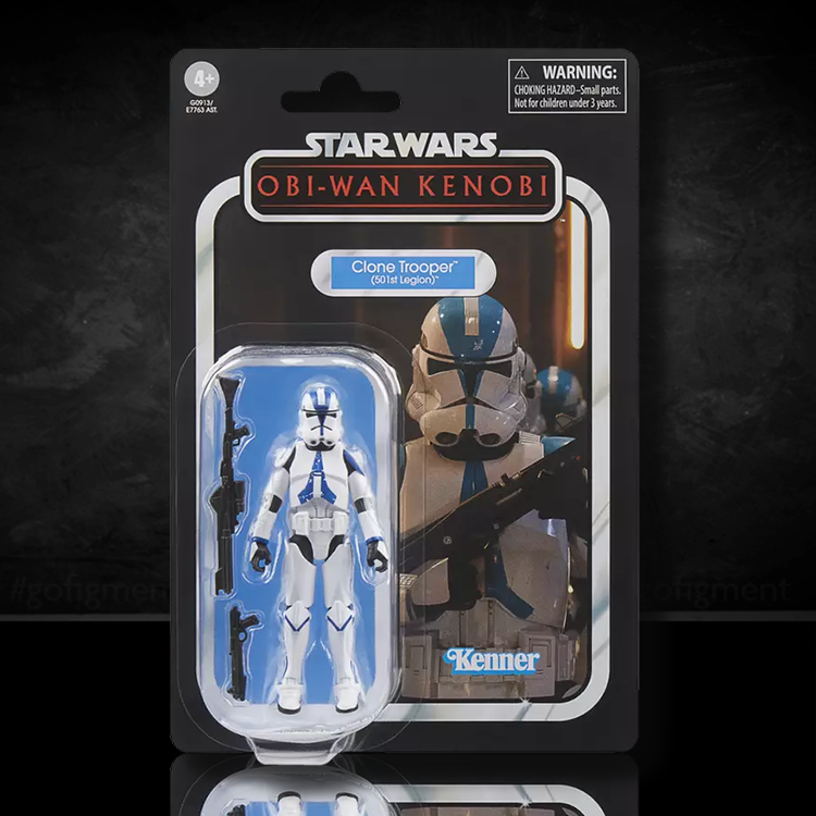 Kenner Star Wars Obi-Wan Kenobi Clone Trooper 501st Legion action figure in original blister packaging with accessories