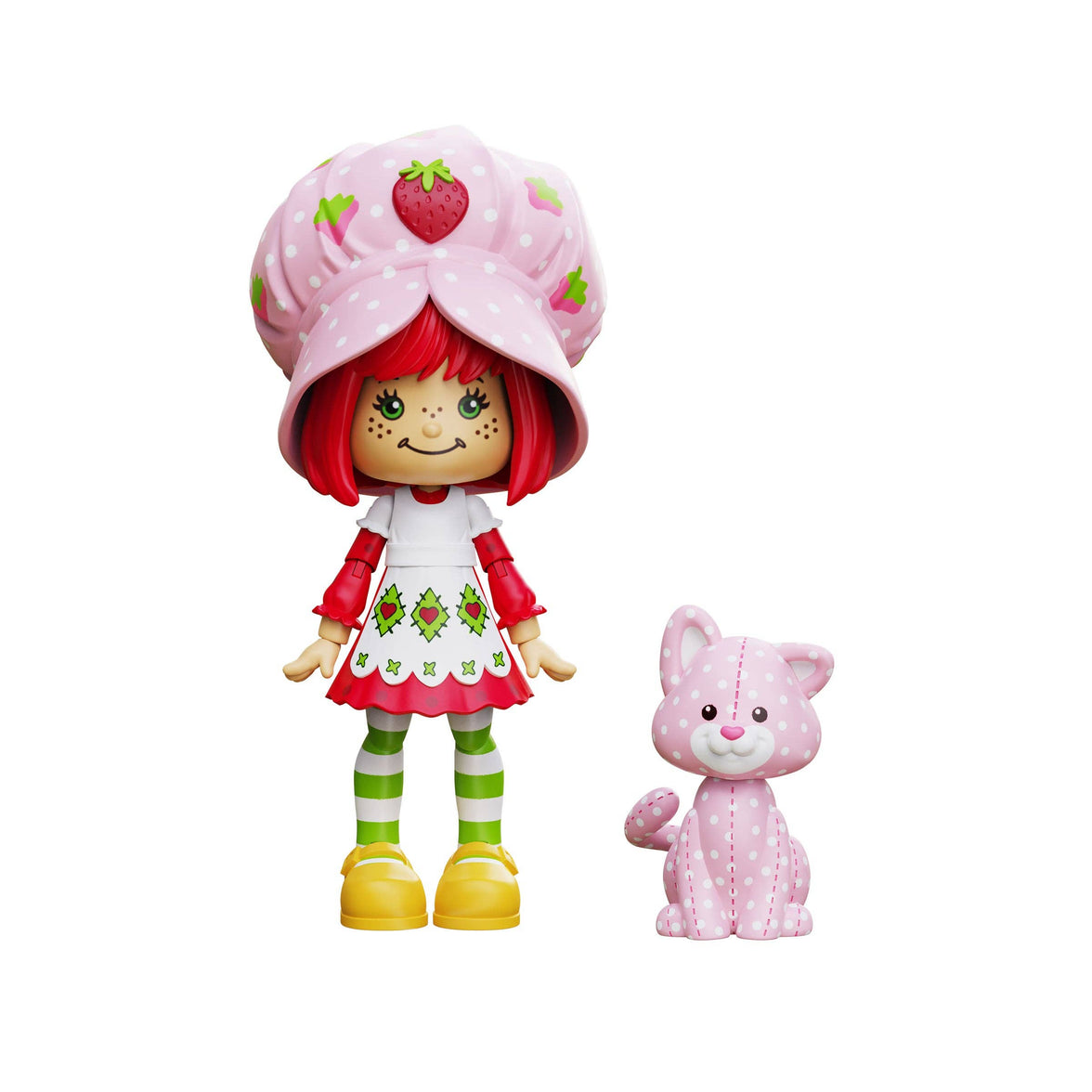 Boss Fight Studio Llc Strawberry Shortcake classic 1:12 scale figure with pink hat, striped leggings, and pink spotted cat accessory