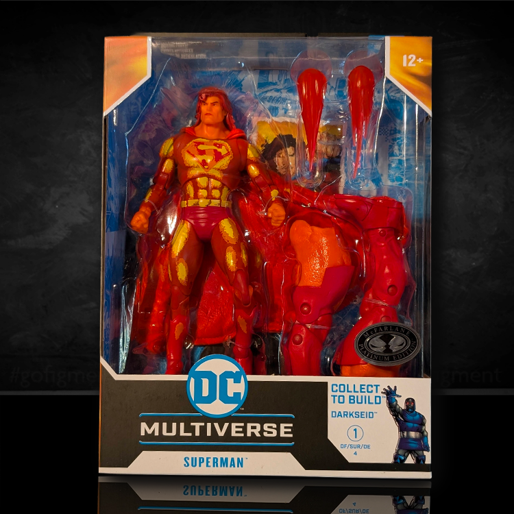 McFarlane DC Multiverse Superman action figure in red and gold suit with build-a-figure Darkseid parts in packaging