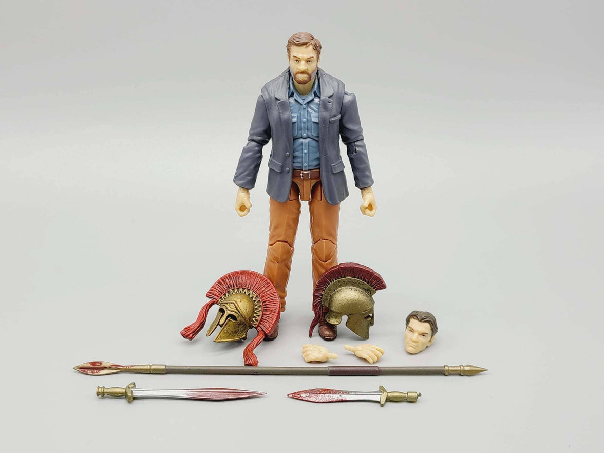 Action figure with accessories on a gray background