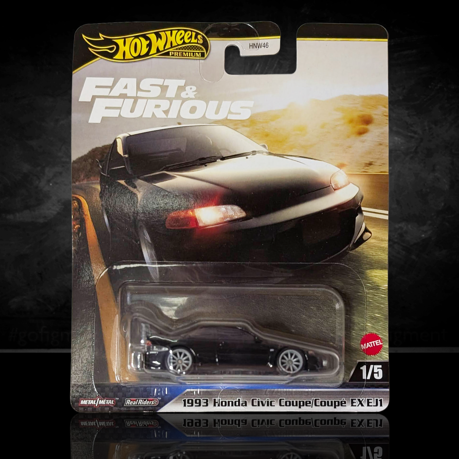 Mattel Hot Wheels Fast and Furious 1993 Honda Civic Coupe EX EJ1 diecast car in black packaging front view