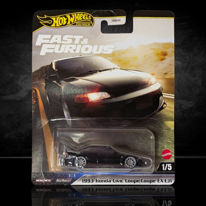 Mattel Hot Wheels Fast and Furious 1993 Honda Civic Coupe EX EJ1 diecast car in black packaging front view