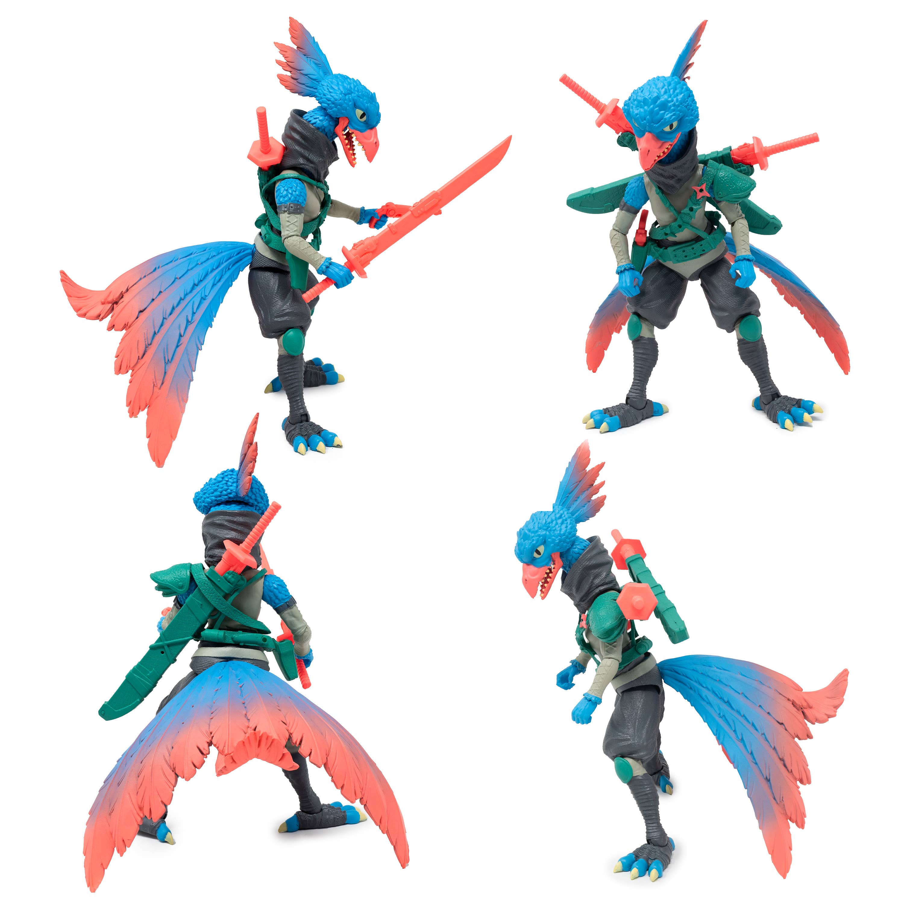 Pava Pergia Saurozoic Warriors action figure, a 6-inch scale Ninja Archaeopteryx. This feathered dinosaur warrior features teal and grey plumage, a black ninja mask, and holds two red tech-swords. 1:12 scale collectible from Boss Fight Studio