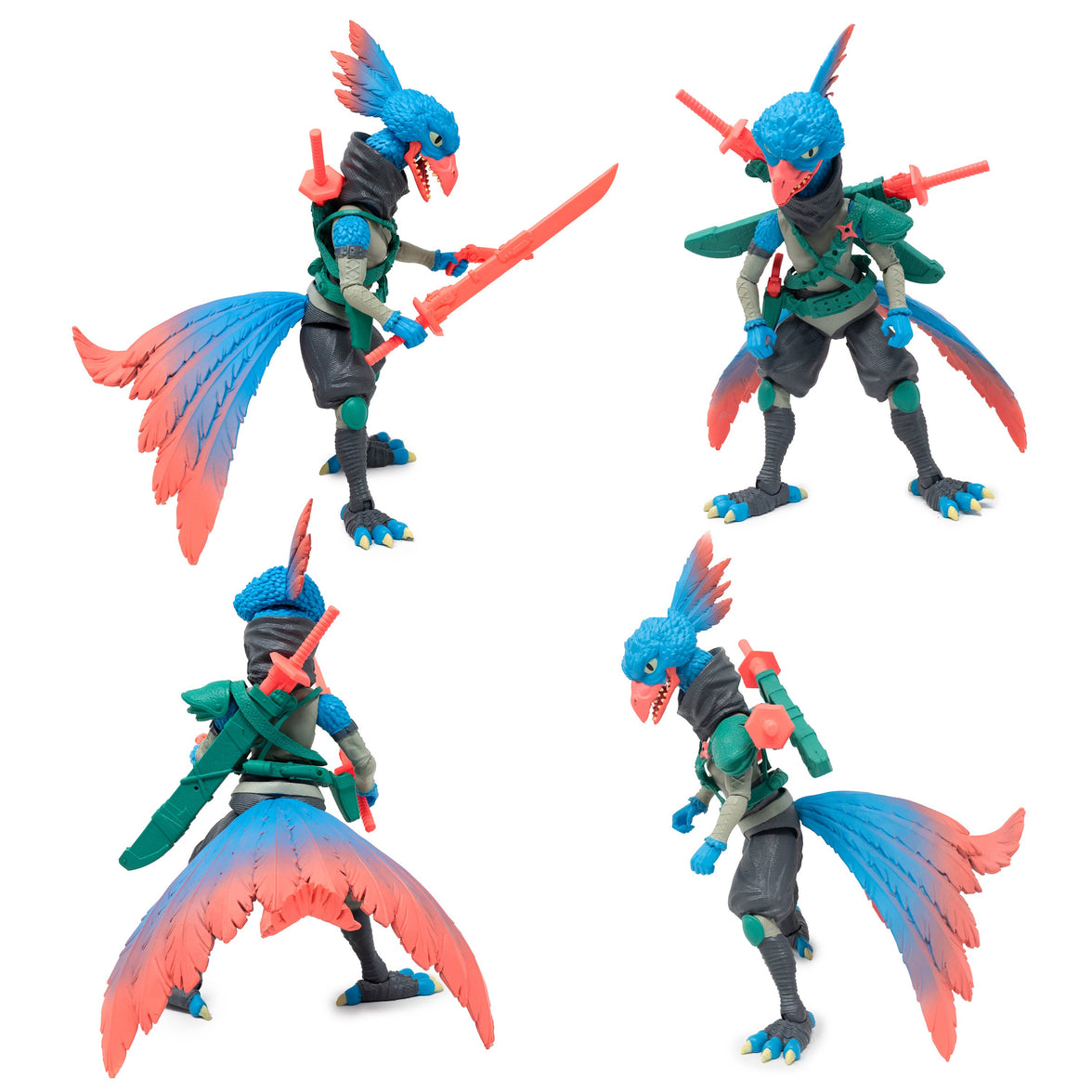 Pava Pergia Saurozoic Warriors action figure, a 6-inch scale Ninja Archaeopteryx. This feathered dinosaur warrior features teal and grey plumage, a black ninja mask, and holds two red tech-swords. 1:12 scale collectible from Boss Fight Studio