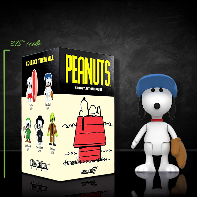 Super7 Peanuts Baseball Player Snoopy action figure with blue hat and glove beside collectible packaging box