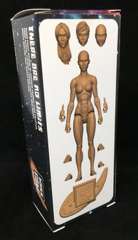 Unpainted articulated female figure with three distinct head sculpts, extra hands, feet parts, and a textured display base on black background