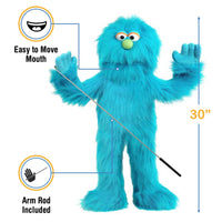 Silly Puppets - Silly Puppets Monster, Blue (30") plush with bright blue fur, green nose, movable mouth, and included arm rod
