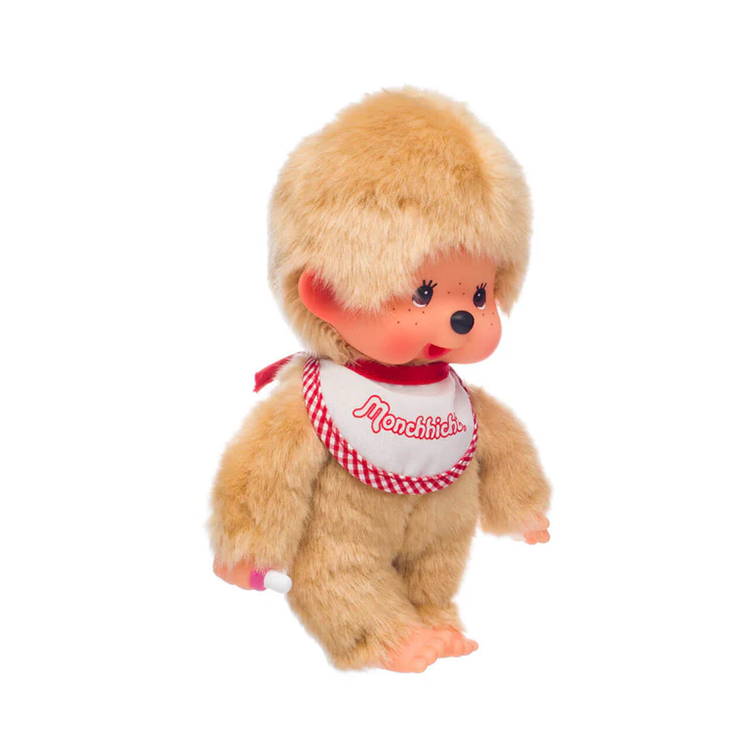 Sekiguchi Monchhichi Boy 8 inch beige fur plush monkey with red and white bib in branded packaging