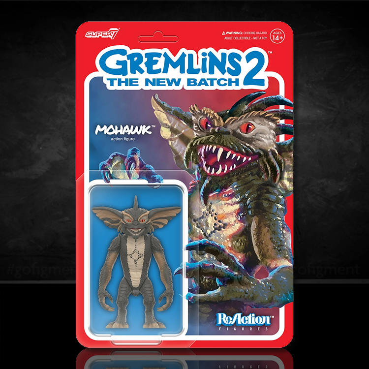 Super7 Gremlins 2 Mohawk action figure in blister pack with vibrant red and blue themed card art
