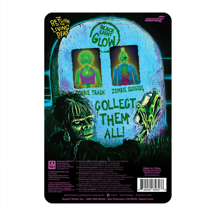 Return of the Living Dead blacklight glow action figures packaging back by Super7 with zombie trash and suicide designs