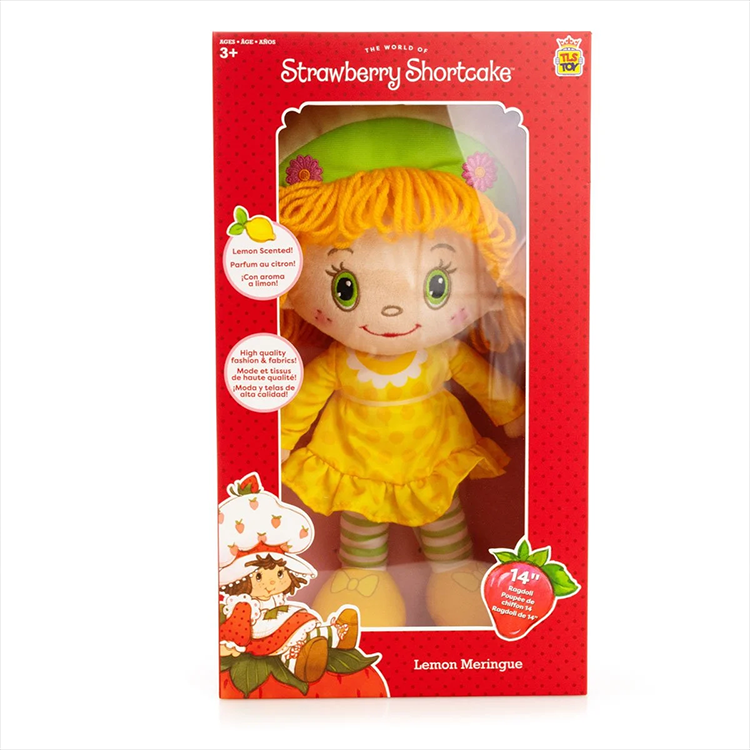 Lemon Meringue 14-inch scented rag doll in yellow dress packaged by Loyal Subjects in red box with Strawberry Shortcake branding