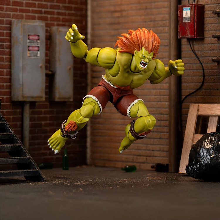 Jada Toys Ultra Street Fighter II Blanka deluxe 6-inch action figure posed in industrial urban setting