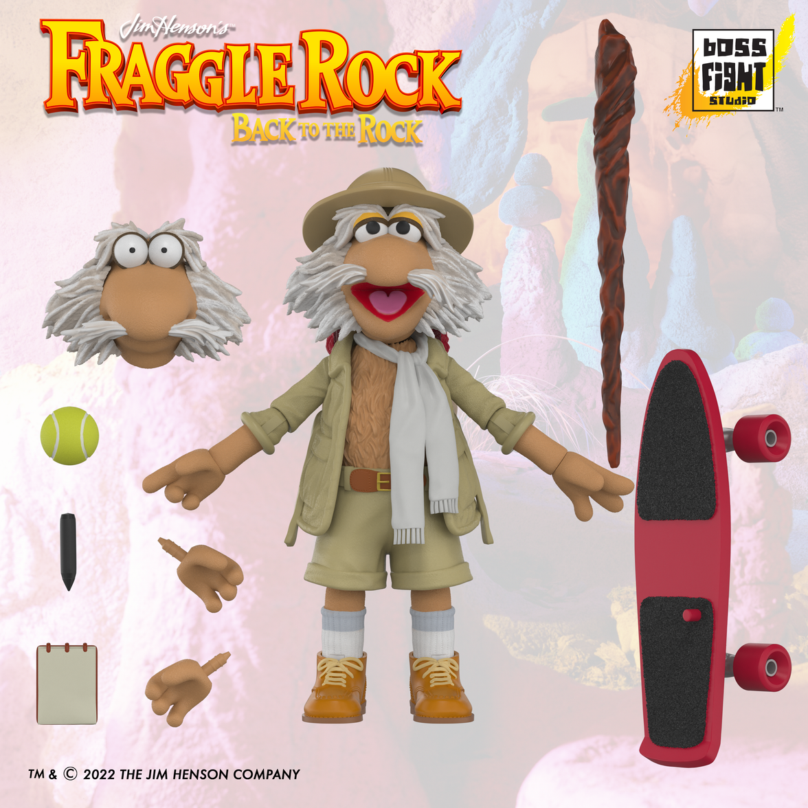 Boss Fight Studio Llc Fraggle Rock Uncle Traveling Matt figure with alternate head, walking stick, skateboard, tennis ball, and notebook accessories