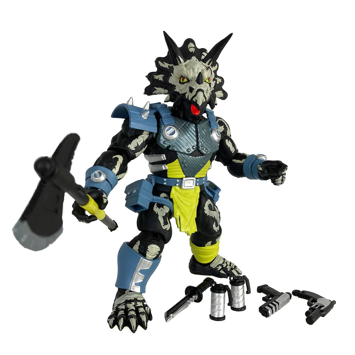 Triax Skiver Night Lands Edition action figure, a 1/12 scale Styracosaurus-inspired warrior in glow-in-the-dark green and black camo. Part of the Saurozoic Warriors collection, featuring a halberd axe, blaster pistols, and smoke grenades.