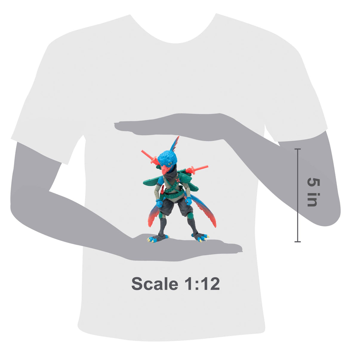 Pava Pergia Saurozoic Warriors action figure, a 6-inch scale Ninja Archaeopteryx. This feathered dinosaur warrior features teal and grey plumage, a black ninja mask, and holds two red tech-swords. 1:12 scale collectible from Boss Fight Studio