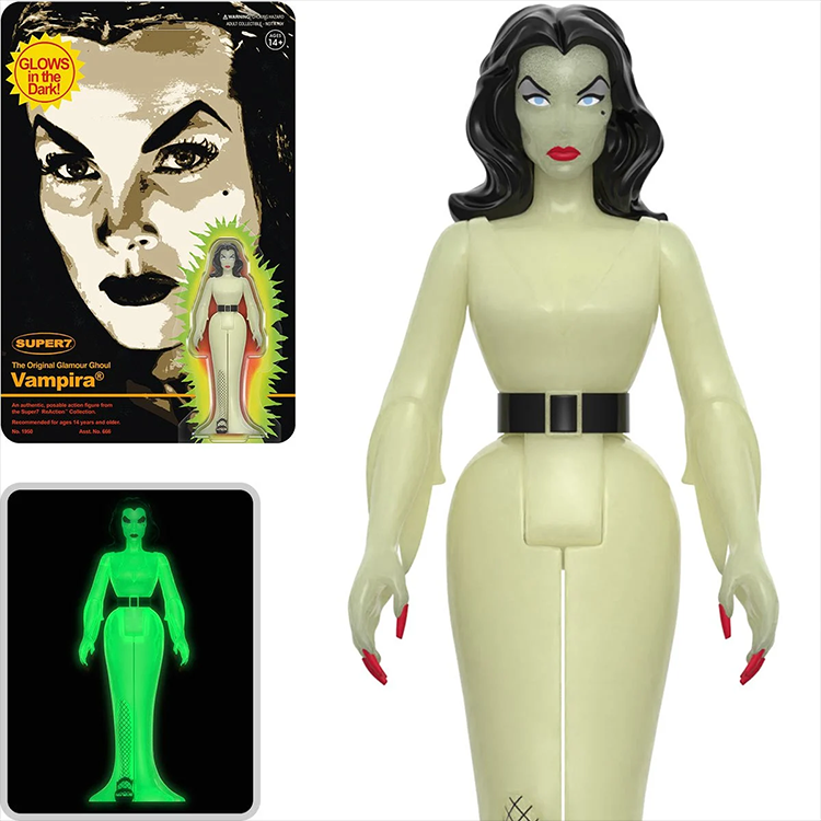 Super7 Vampira glow-in-the-dark 3.75-inch ReAction figure with black hair and red lips in packaging and glowing view