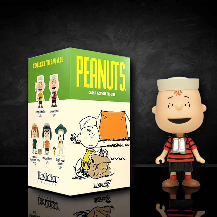 Super7 Peanuts Camper Linus 3.75 inch action figure in striped shirt with box featuring character lineup and camp scene illustration