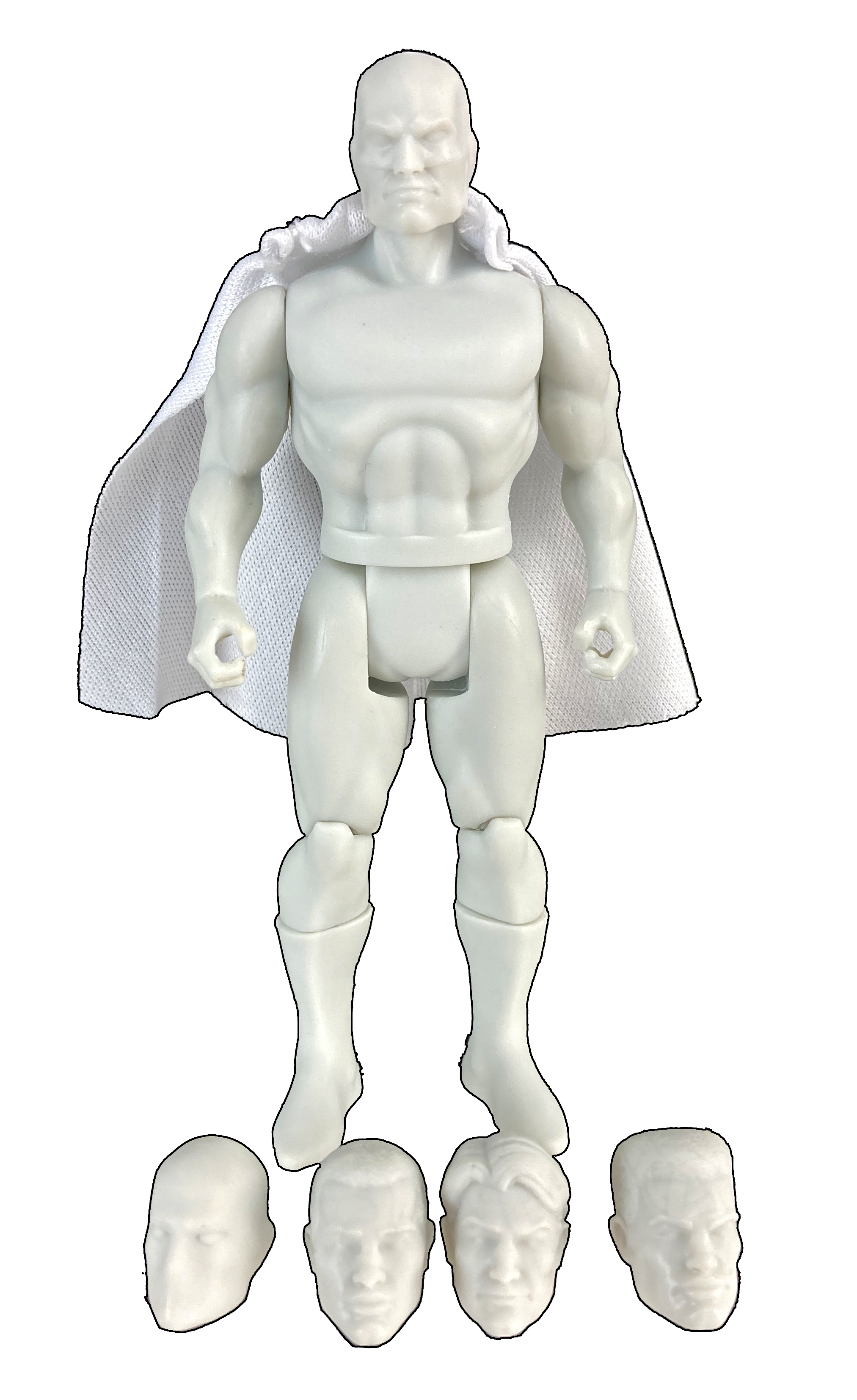 Boss Fight Studio Llc Power Stars 5-inch blank muscular action figure with white cape and four interchangeable heads on white background
